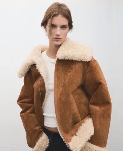 Mango Suede Jacket With Shearling Collar In Brown