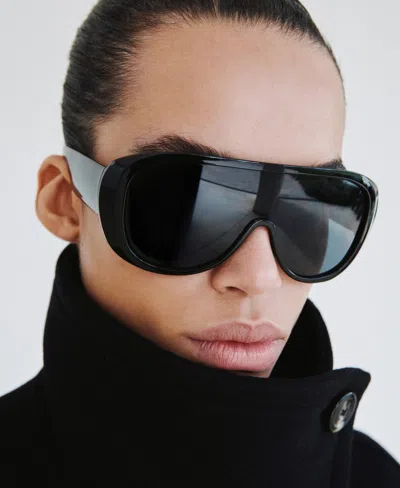 Mango Double Breasted Stand Collar Coat In Black