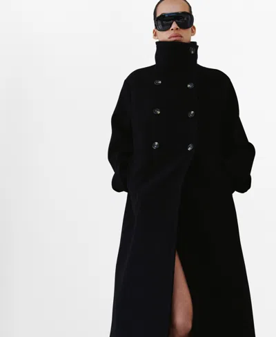Mango Double Breasted Stand Collar Coat In Black