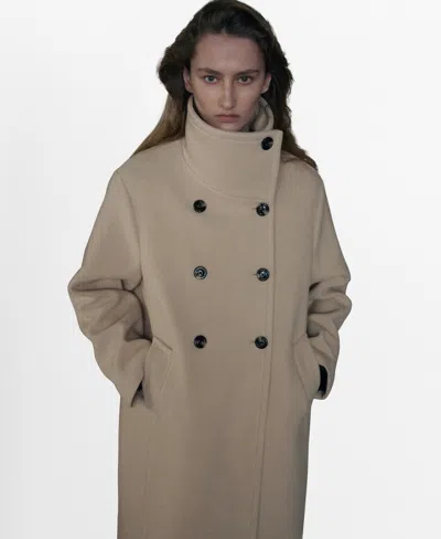 Mango Double Breasted Stand Collar Coat In Neutral