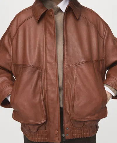 Mango Oversized Leather Jacket Cognac In Brown