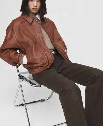 Mango Oversized Leather Jacket Cognac In Brown