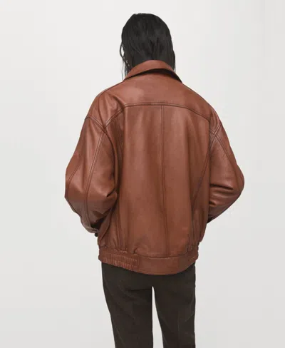 Mango Oversized Leather Jacket Cognac In Brown