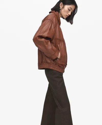Mango Oversized Leather Jacket Cognac In Brown