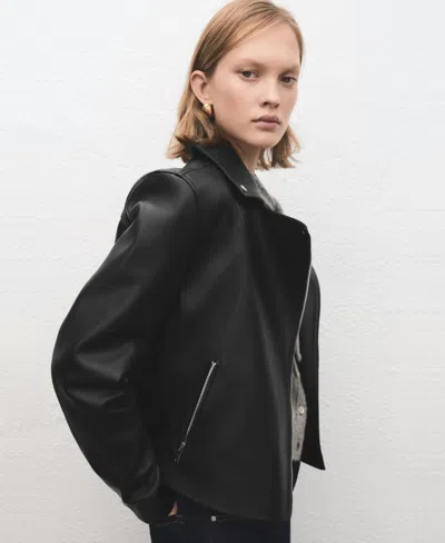 Mango Leather Biker Jacket Black In Black