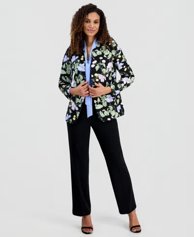 Kasper Plus Size Floral Print Open-front Jacket In Black