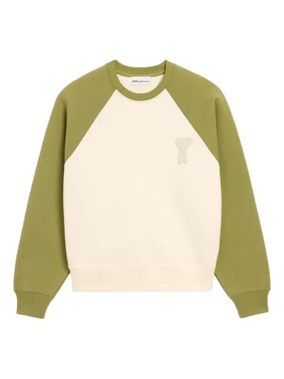 Ami Alexandre Mattiussi White And Green Cotton Knitted Ami De Coeur Sweatshirt White In Multi