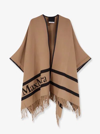 Max Mara Fringed Leather-trimmed Wool-jacquard Cape In Gray