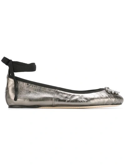 Jimmy Choo Grace Crystal-embellished Metallic Leather Ankle-wrap Ballet Flats In Anthracite