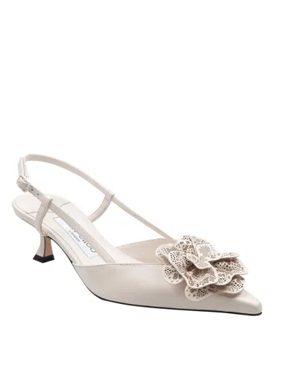 Jimmy Choo Latte Shiny Nappa Leather Slingbacks With Lace Corsage In White