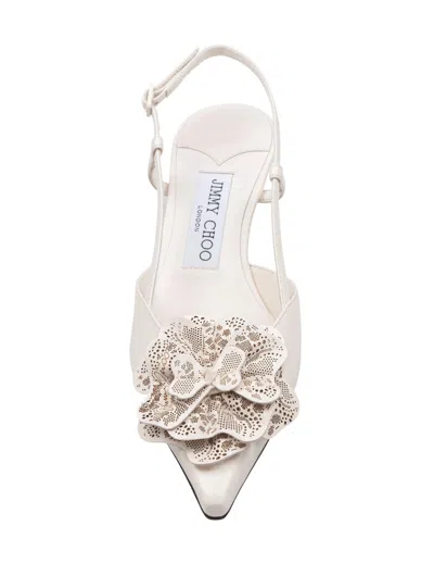 Jimmy Choo Latte Shiny Nappa Leather Slingbacks With Lace Corsage In White