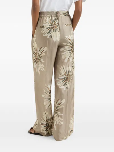 Brunello Cucinelli Elegant Silk Trousers With Stamped Floral Design In Multi