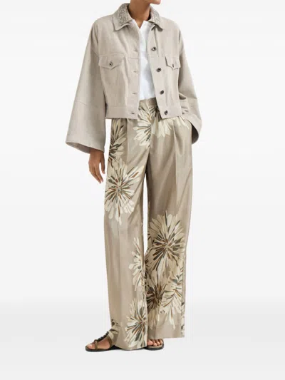 Brunello Cucinelli Elegant Silk Trousers With Stamped Floral Design In Multi