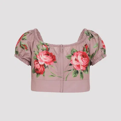 Dolce & Gabbana Women Pink Crop Top With Floral Print And Double Knot In Cotton Woman In Multi