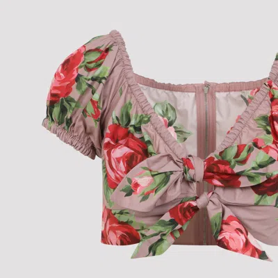 Dolce & Gabbana Women Pink Crop Top With Floral Print And Double Knot In Cotton Woman In Multi
