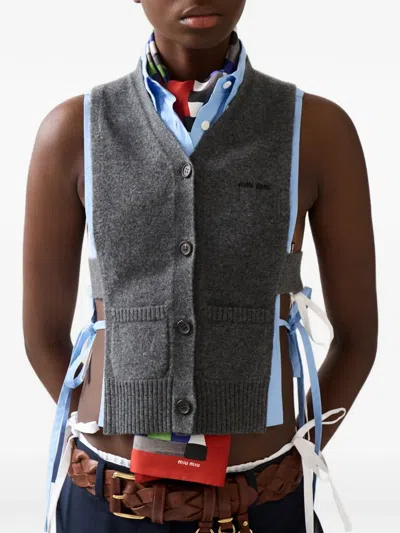 Miu Miu Knitwear Top Sleeveless Ribbed Hem Pockets In Gray