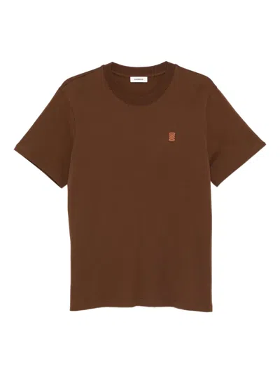 Sandro Mens Ginger Bread Logo-patch Crewneck Cotton T-shirt In Brown
