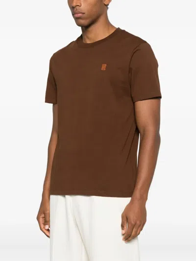 Sandro Mens Ginger Bread Logo-patch Crewneck Cotton T-shirt In Brown
