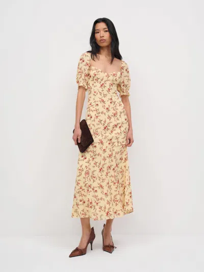 Reformation Gloria Floral-print Puff-sleeve Midi Dress In Yellow