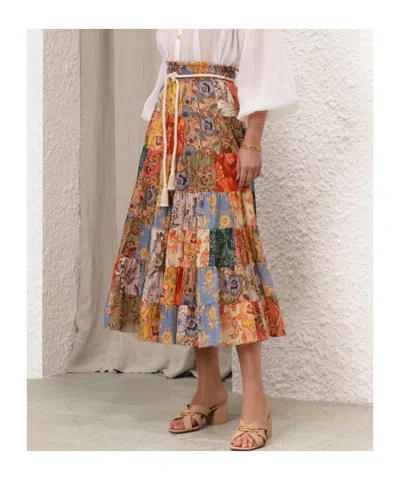 Zimmermann Belted Patchwork Cotton-gauze Midi Skirt In Peach | ModeSens