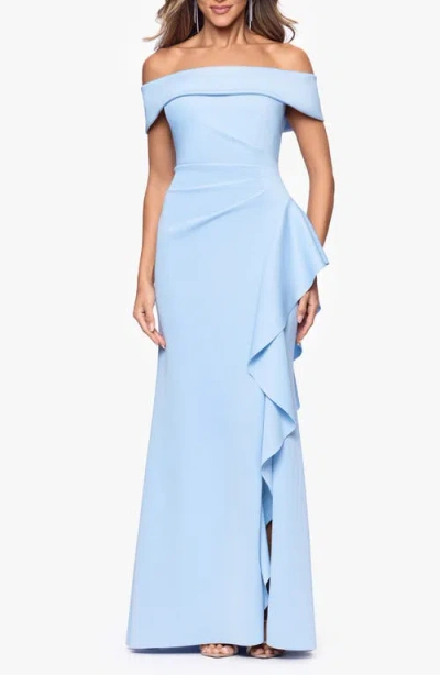 Xscape Evenings Ruffle Off The Shoulder Scuba Knit Gown In Blue