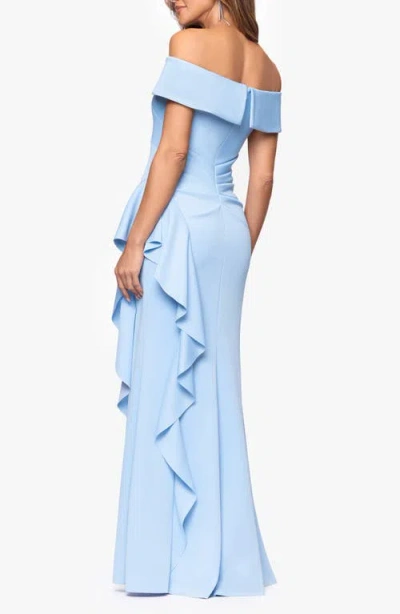Xscape Evenings Ruffle Off The Shoulder Scuba Knit Gown In Blue