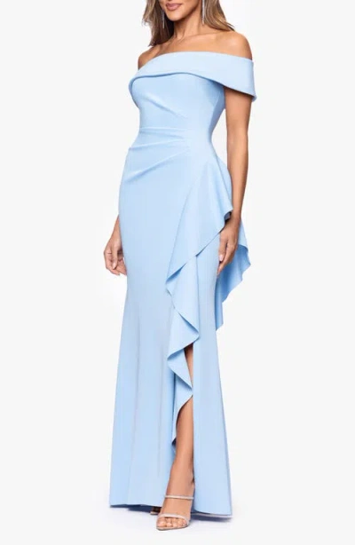 Xscape Evenings Ruffle Off The Shoulder Scuba Knit Gown In Blue
