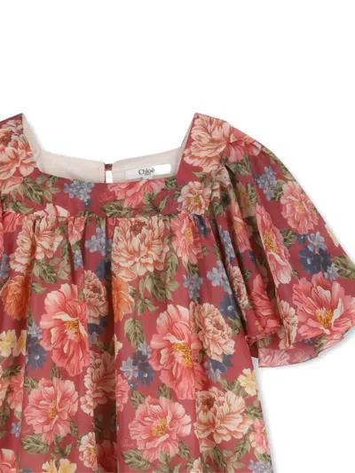 Chloé Kids Floral Ruffled Cotton And Silk Dress In Pink