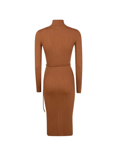 Elisabetta Franchi Dress In Openwork Knit Fabric With Jewel Belt In Brown