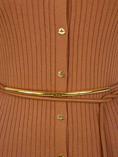 Elisabetta Franchi Dress In Openwork Knit Fabric With Jewel Belt In Brown