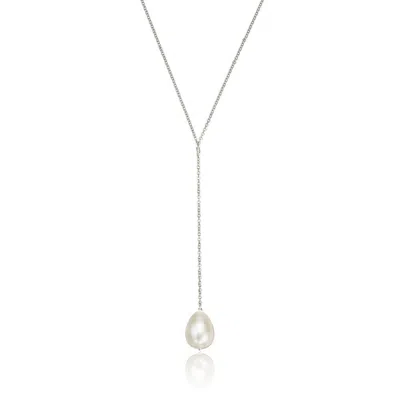 Lily & Roo Solid White Gold Large Pearl Lariat Necklace In Metallic