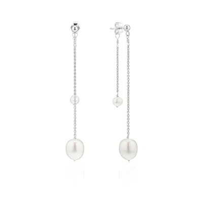 Lily & Roo Solid White Gold Layered Large And Small Pearl Earrings In Silver