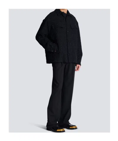 Balmain Monogram Tweed Overshirt In Black