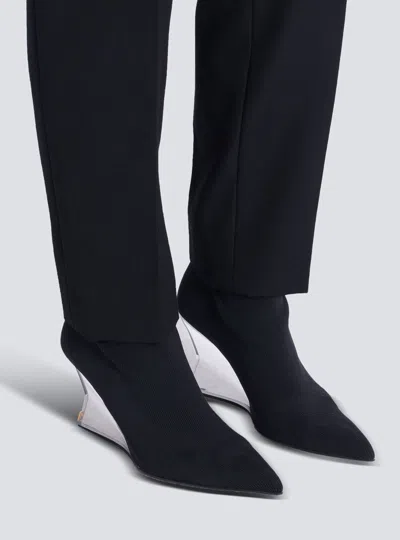Balmain 95 Ribbed Stretch-knit Wedge Ankle Boots In Black