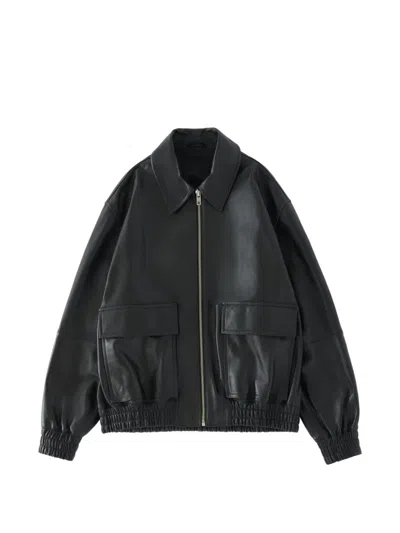 Studio Nicholson Leather Bomber Jacket Collared Elasticated Hem In Black