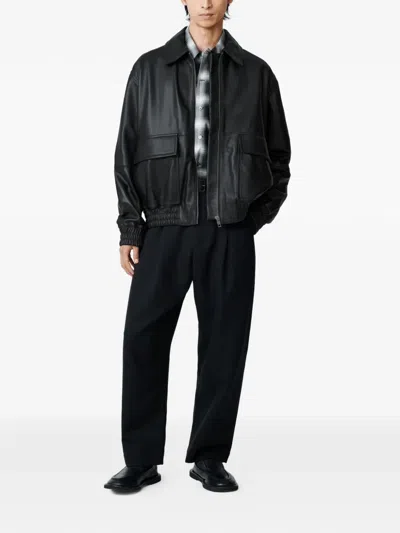 Studio Nicholson Leather Bomber Jacket Collared Elasticated Hem In Black