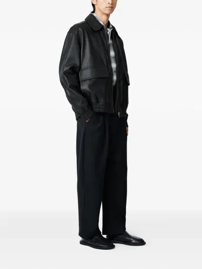 Studio Nicholson Leather Bomber Jacket Collared Elasticated Hem In Black