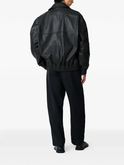 Studio Nicholson Leather Bomber Jacket Collared Elasticated Hem In Black