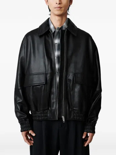 Studio Nicholson Leather Bomber Jacket Collared Elasticated Hem In Black