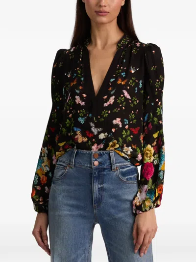 Alice And Olivia Helen Blouson Sleeve Blouse In Black