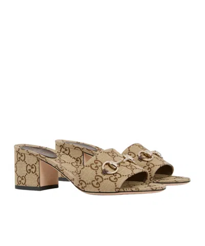 Gucci 55mm Siaga Gg Monogram Canvas Block-heel Sandals In Brown