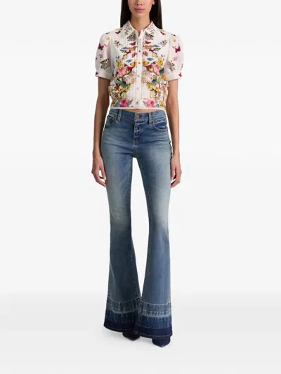 Alice And Olivia Rosie Embroidered Puff Sleeve Cropped Button Down Blouse Solar Strength Off White In Multi