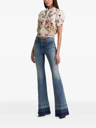 Alice And Olivia Rosie Embroidered Puff Sleeve Cropped Button Down Blouse Solar Strength Off White In Multi