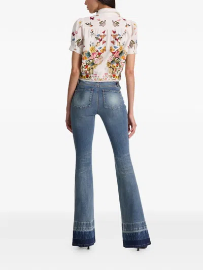 Alice And Olivia Rosie Embroidered Puff Sleeve Cropped Button Down Blouse Solar Strength Off White In Multi