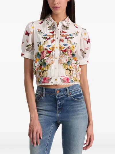 Alice And Olivia Rosie Embroidered Puff Sleeve Cropped Button Down Blouse Solar Strength Off White In Multi