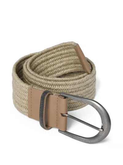 Brunello Cucinelli Linen Belt Braided Design Shiny Loop In Neutral