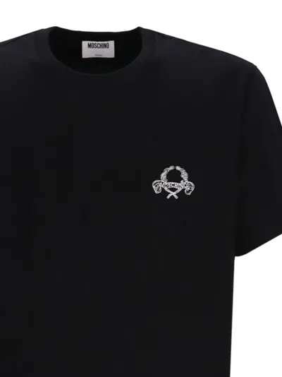 Moschino Short-sleeve Black T-shirt With Intricate Embroidery In Black