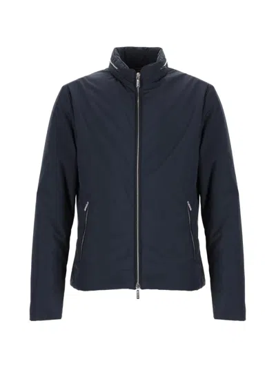 Moorer Navy Blue Solid Mock Collar Jacket In Blue