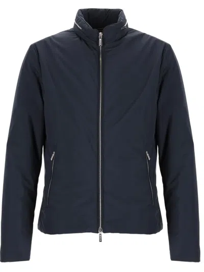 Moorer Navy Blue Solid Mock Collar Jacket In Blue