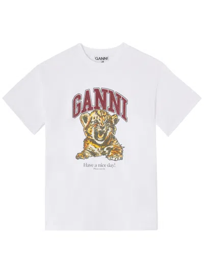 Ganni Womens Bright White Tiger-print Round-neck Cotton-jersey T-shirt Xl